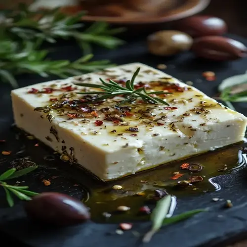 greek feta cheese block marinated in olive oil with herbs and spices, served on dark slate board with fresh rosemary and olives