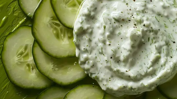 greek tzatziki cucumber dip with dill and pepper, surrounded by fresh cucumber slices on green background