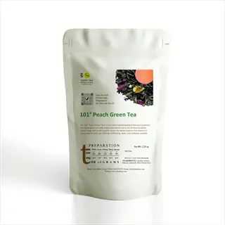 green tea focus: stand-up pouch of 101° peach green tea, a smart caffeine choice with product details and modern design on white background