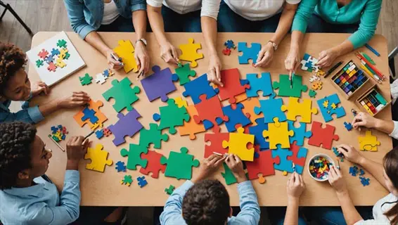 group art therapy: diverse individuals collaboratively assembling colorful puzzle pieces on a table, demonstrating relational dynamics through shared creative expression