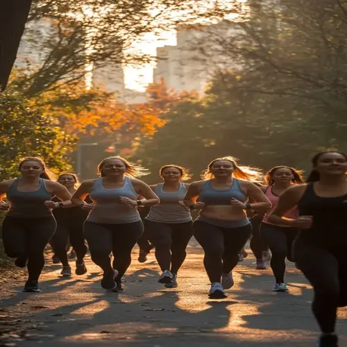 group of people jogging in a park during a golden morning sunrise with autumn foliage