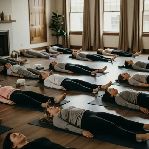 group practicing yoga nidra relaxation in a serene studio, participants resting peacefully on mats in savasana pose