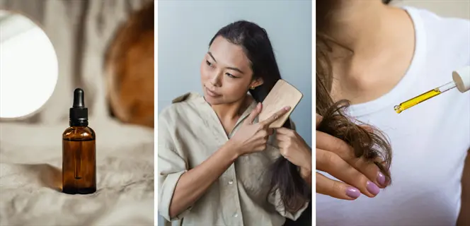 hair care routine with scalp massage oil: amber dropper bottle (left), woman brushing hair (center), close-up oil application to hair strands (right)