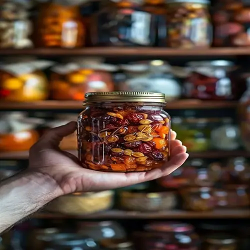 hand holding jar of assorted fermented foods (fruits and nuts) with 'pure' label, background shelves with preserved food jars