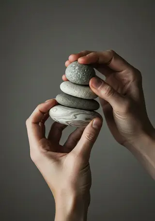 hands balancing smooth stones - symbol of emotional balance and processing in a minimalist setting