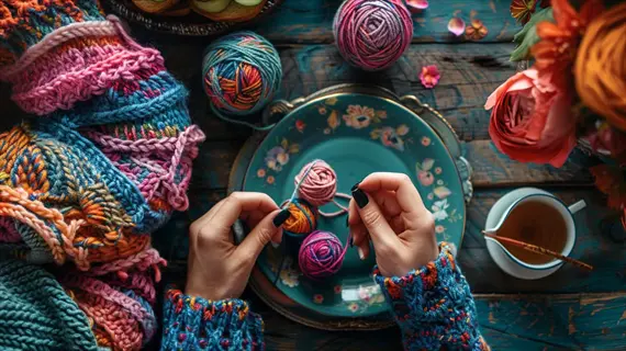 hands in knitted sleeves crafting with colorful yarn at an office knitting group session with tea and flowers, representing crafting circles