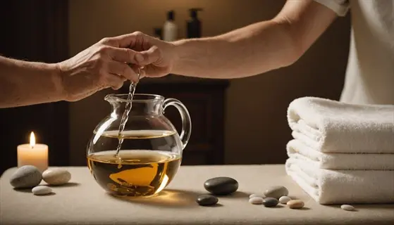 hands pouring warm abdominal massage oil into glass pitcher during spa therapy session with towels and stones