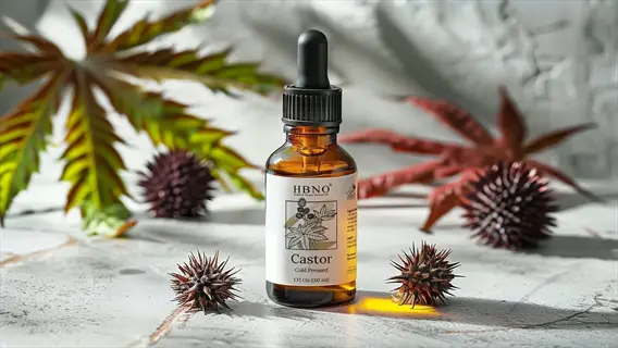 hbno cold-pressed castor oil dropper bottle with fresh castor seeds and leaves - natural scar reduction oil for skin healing