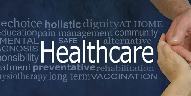healthcare concept with interlocked hands and holistic health terms (preventative, rehabilitation, vaccination) against blue background