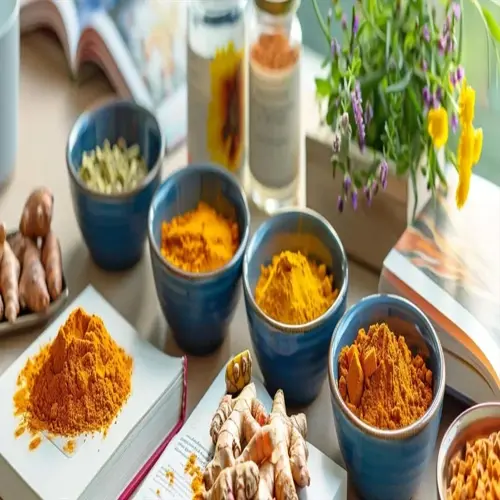 herbal remedies arrangement featuring turmeric powder, ginger roots, and various spices in blue bowls, surrounded by books and fresh herbs on a wooden table