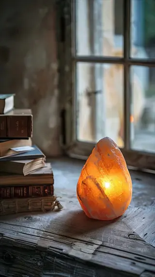 himalayan salt lamp glowing warmly beside stacked old books in a serene meditation corner by a window with soft natural light