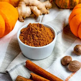 homemade spice blend in a white bowl surrounded by cinnamon sticks, nutmeg, ginger, and pumpkins, ideal for fall recipes and spice rubs