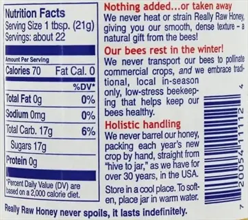 honey nutrition facts: nutrition facts label for really raw honey with calorie count, macronutrients, and info on traditional beekeeping methods