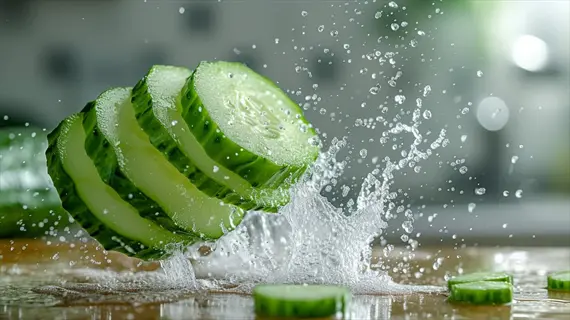 hydration-focused fresh cucumber slices with dynamic water splashes, showcasing crispness and moisture