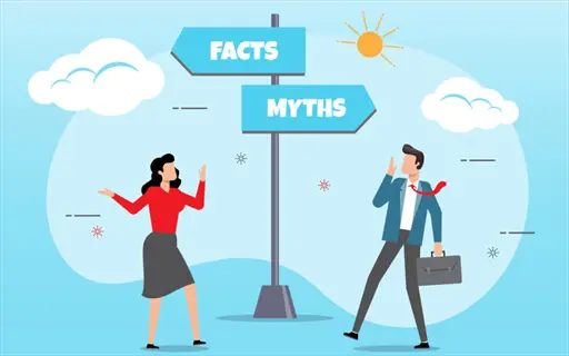 illustrated myth fact split image showing a signpost with 'facts' and 'myths' arrows, two stylized professionals in discussion under a bright sky with sun and clouds