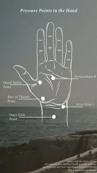 illustration of a hand labeling pressure points including 'hand valley point' (li4) with text overlays, set against a seascape background