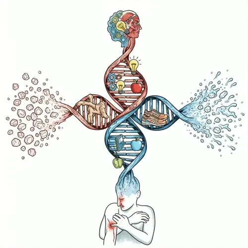 illustration of a human figure with hands near head/heart, dual dna strands splitting into mind symbols (gears, lightbulb) and body symbols (water, sports), depicting mind-body connection