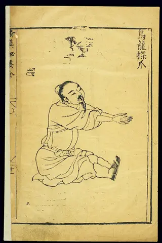 illustration of a qigong practice posture, showing a seated figure in traditional attire performing an exercise to cultivate qi (vital energy)