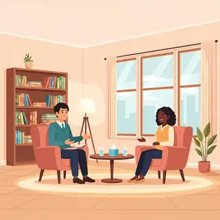 illustration of a therapist and client in a session: two people sit in armchairs in a cozy office with bookshelf, window, and plant, representing therapist guidance