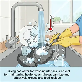illustration of boiling water sanitization for dishwashing hygiene with gloves and thermometer
