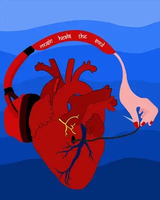 illustration of red heart wearing headphones with 'music heals' text on band, human hand controlling wire against blue wavy background - music therapy concept