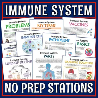 immune system no prep stations: collection of printable classroom activities covering immune cells activity, key terms, vaccines, pathogens, and immune defense mechanisms