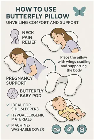 infographic demonstrating ergonomic pillow setup for the butterfly pillow, showing neck pain relief, pregnancy support, and baby pod uses with illustrated people and instructions