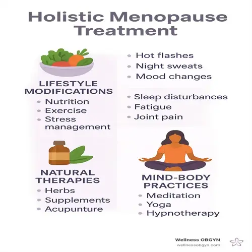 infographic for holistic menopause treatment featuring lifestyle changes, natural therapies, and mind-body practices (yoga, meditation) as cortisol reduction natural methods to manage symptoms like hot flashes and stress