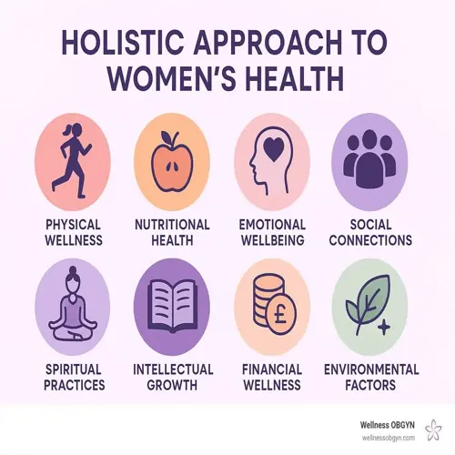 infographic: holistic approach to women's health with 8 wellness categories. intellectual wellness activities shown as open book icon under 'intellectual growth'