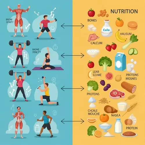 infographic linking bone-strengthening exercises and strong bones nutrition like calcium, protein, and vitamins from food illustrations