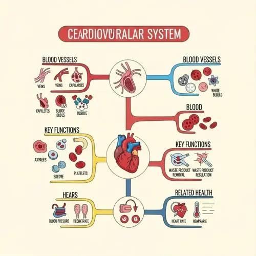 infographic of the cardiovascular system showcasing blood vessels, blood components, heart anatomy, and key functions, representing a healthy blood circulation concept