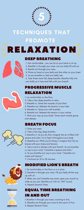 infographic on 5 techniques that promote relaxation, including calming breathing techniques like deep breathing and progressive muscle relaxation