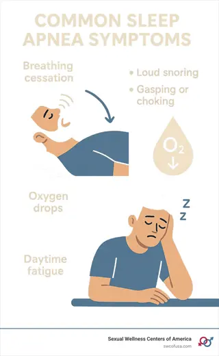 infographic on common sleep apnea symptoms (breathing cessation, oxygen drops, daytime fatigue) related to anxiety relief sleep for nighttime anxiety reduction