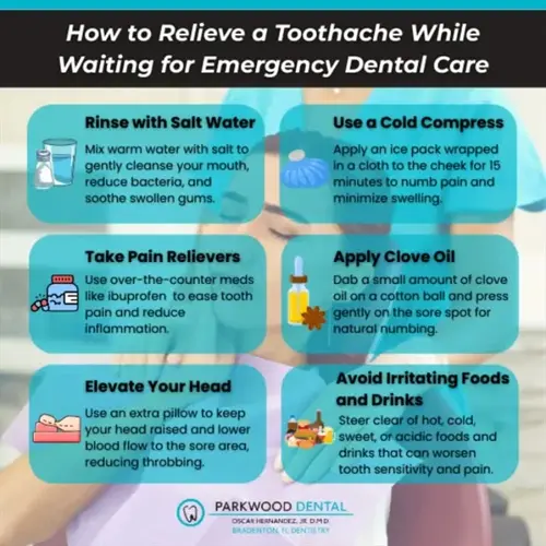 infographic showing natural pain relief remedies for emergency toothache care: saltwater rinse, cold compress, pain relievers, clove oil, head elevation, and diet avoidance