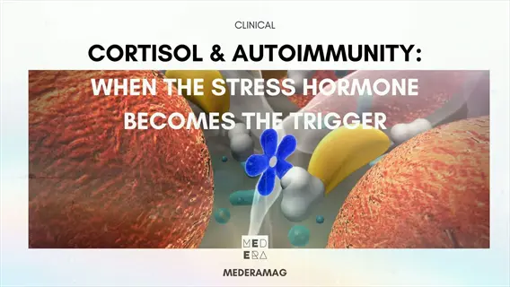 infographic titled 'cortisol & autoimmunity: when the stress hormone becomes the trigger' featuring cortisol stress hormone in cellular/organelle context. medera logo included