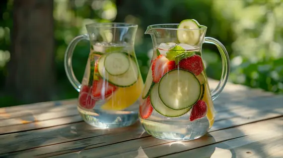 infused water hydration: two glass pitchers with cucumber, strawberry, and lemon slices in water on a wooden table outdoors with green background