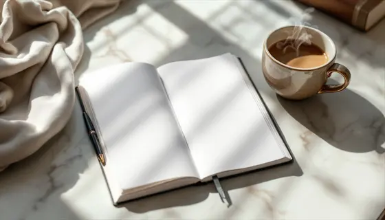 journaling morning coffee: open blank notebook with pen beside steaming mug on sunlit marble surface, soft fabric draping nearby for mindful writing session