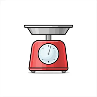 kitchen food scale: red analog scale with circular dial and gray platform, isolated on white background. designed for precise ingredient measurements in recipes