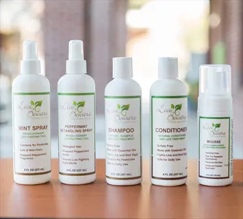 lice beware hair care products: peppermint hair treatment spray, detangler, shampoo, conditioner, and mousse for scalp and hair health