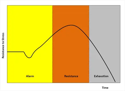 line graph showing stress adaptation body response over time: alarm (initial dip), resistance (peak), exhaustion (decline). resistance to stress vs time