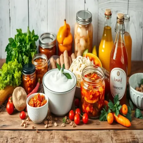liver healthy foods table featuring kombucha, kimchi, fresh vegetables, and fermented items arranged on rustic wooden surface