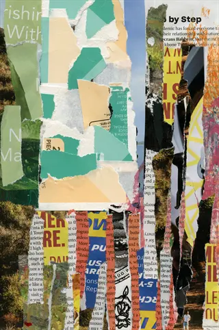 magazine cut art: abstract collage of layered torn paper fragments with visible text elements and color swatches, embodying collage as an artistic assembly of found materials