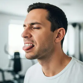 man in gym demonstrating throat muscle exercise with open mouth and extended tongue, illustrating mouth exercises