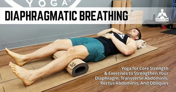 man practicing diaphragm breathing person exercise on a yoga mat with a rolled mat under his knees, focusing on core strength and breathing efficiency