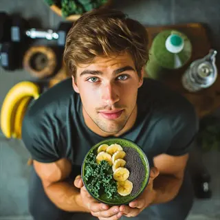 man practicing mindful eating of vegetables with green smoothie bowl (kale, banana) in daily health routine surrounded by fitness elements
