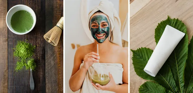 matcha skin health benefits: powder, tea preparation, facial mask, and cosmetic tube showcasing skincare and wellness uses