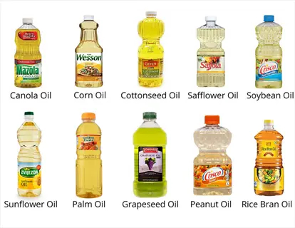 mazola canola oil bottle in a 10-bottle grid display of cooking oils with text labels