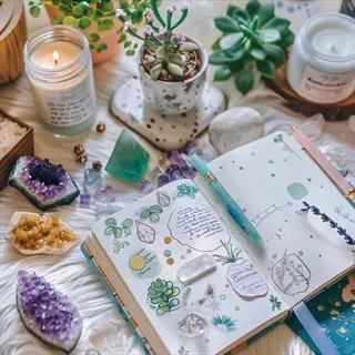 meditation journal notebook with decorative illustrations, surrounded by crystals, candles, and plants on a cozy setting, perfect for mindfulness and reflection