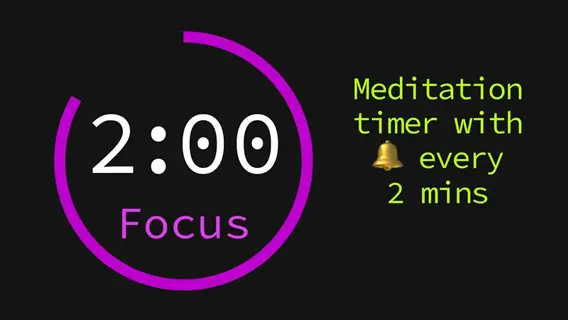 meditation timer for two minutes featuring purple circular countdown (2:00), 'focus' label, and text 'meditation timer with bell every 2 mins' on black background
