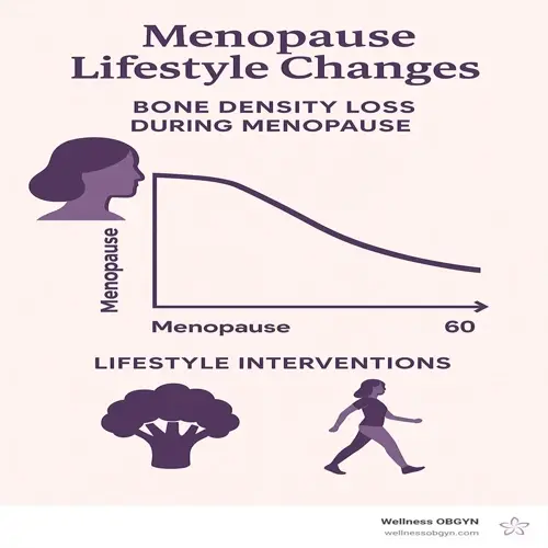 menopause lifestyle changes infographic: bone density loss graph during menopause and natural interventions (broccoli, walking) supporting hormonal balance natural lifestyle